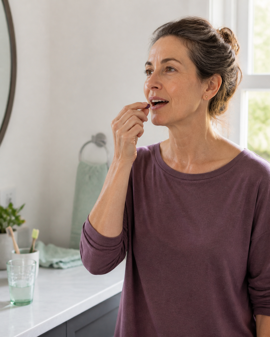 Adult adding a berry-colored chewable tablet to a calm morning oral-care routine